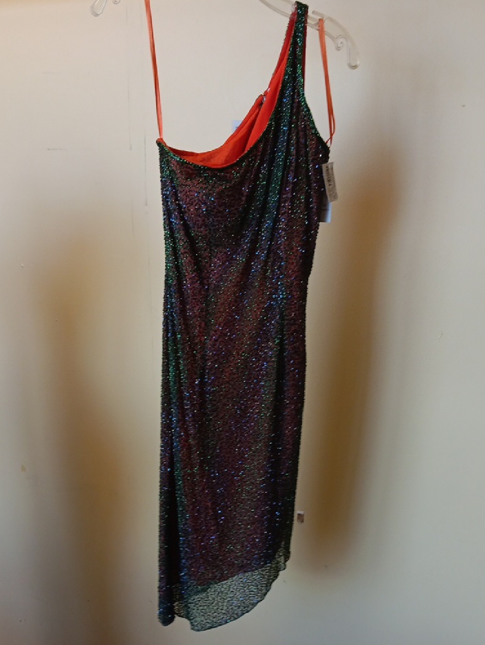 Rampage One-Shoulder Iridescent Sequin Dress with Orange Lining, By Shawn METHA